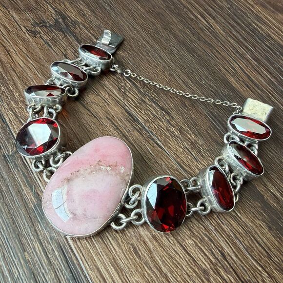Vintage Pink Opal & Garnet Red Glass Sterling Silver Bracelet 6.5” 925 AP, 47g - Picture 2 of 16